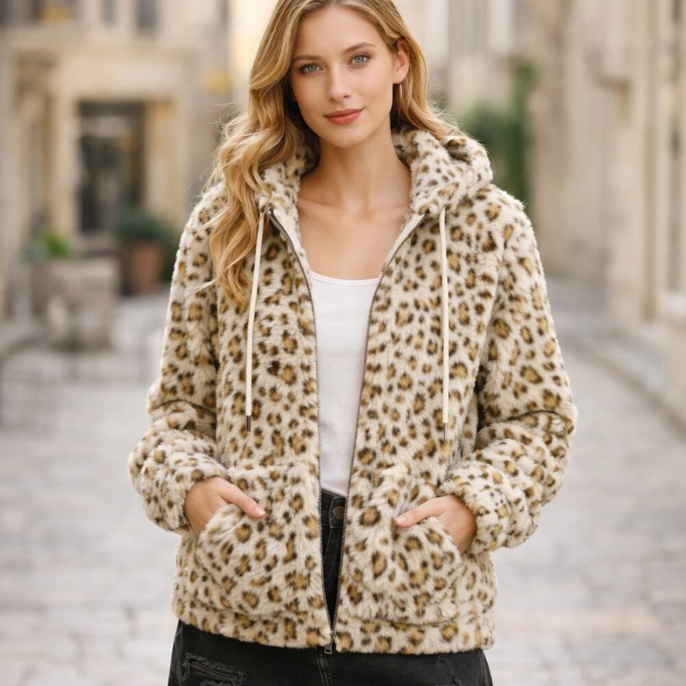 Gigio Faux Fur Leopard Print Jacket | Zip Front Hooded Designer Coat - Picture 3 of 5